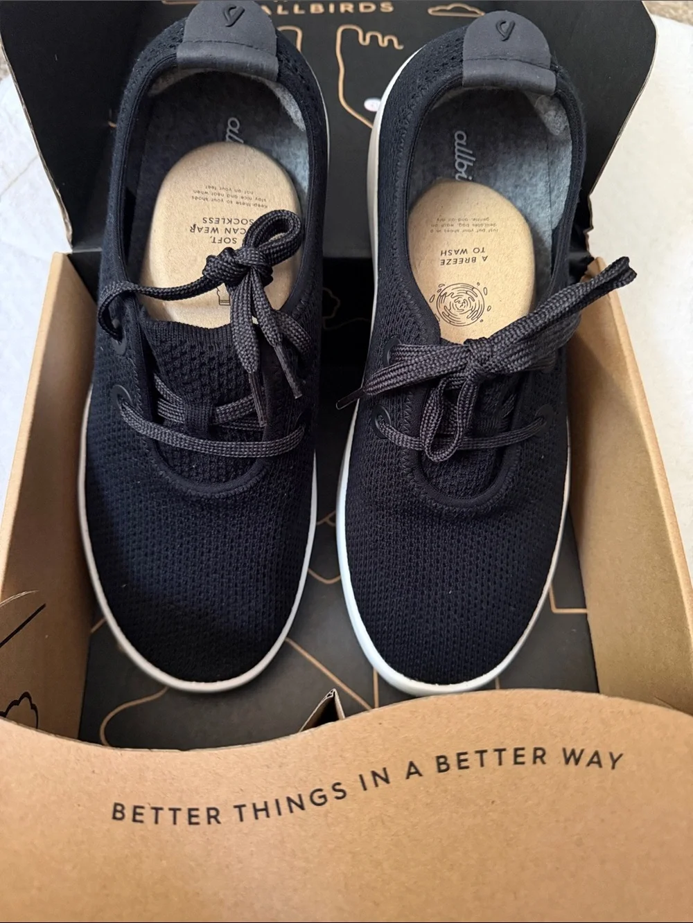 allbirds Men's Black Knit Lace-Up Sneakers with White Sole